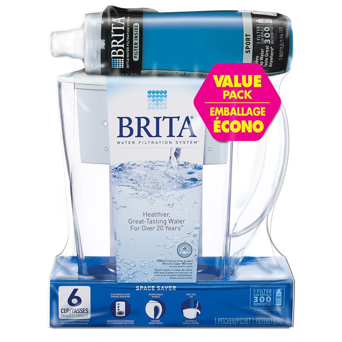 Brita White Space Saver Pitcher and Dark Turquoise Bottle 590 ml Value