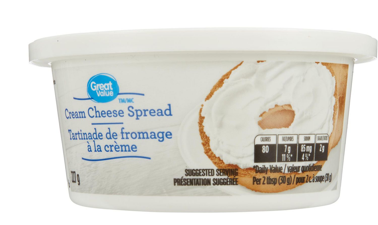 Great Value Tartinade de Fromage à la Crème Ferme, Tartinade Laitière Tartinable Faite à Partir de Crème Pasteurisée et de Lait Entier; Décrite comme un Incontournable du Réfrigérateur, Convient aux bagels, toast et Craquelins, et Souvent Utilisée pour les Gâteaux au Fromage, les Glaçages et les Trempettes Savoureuses.
