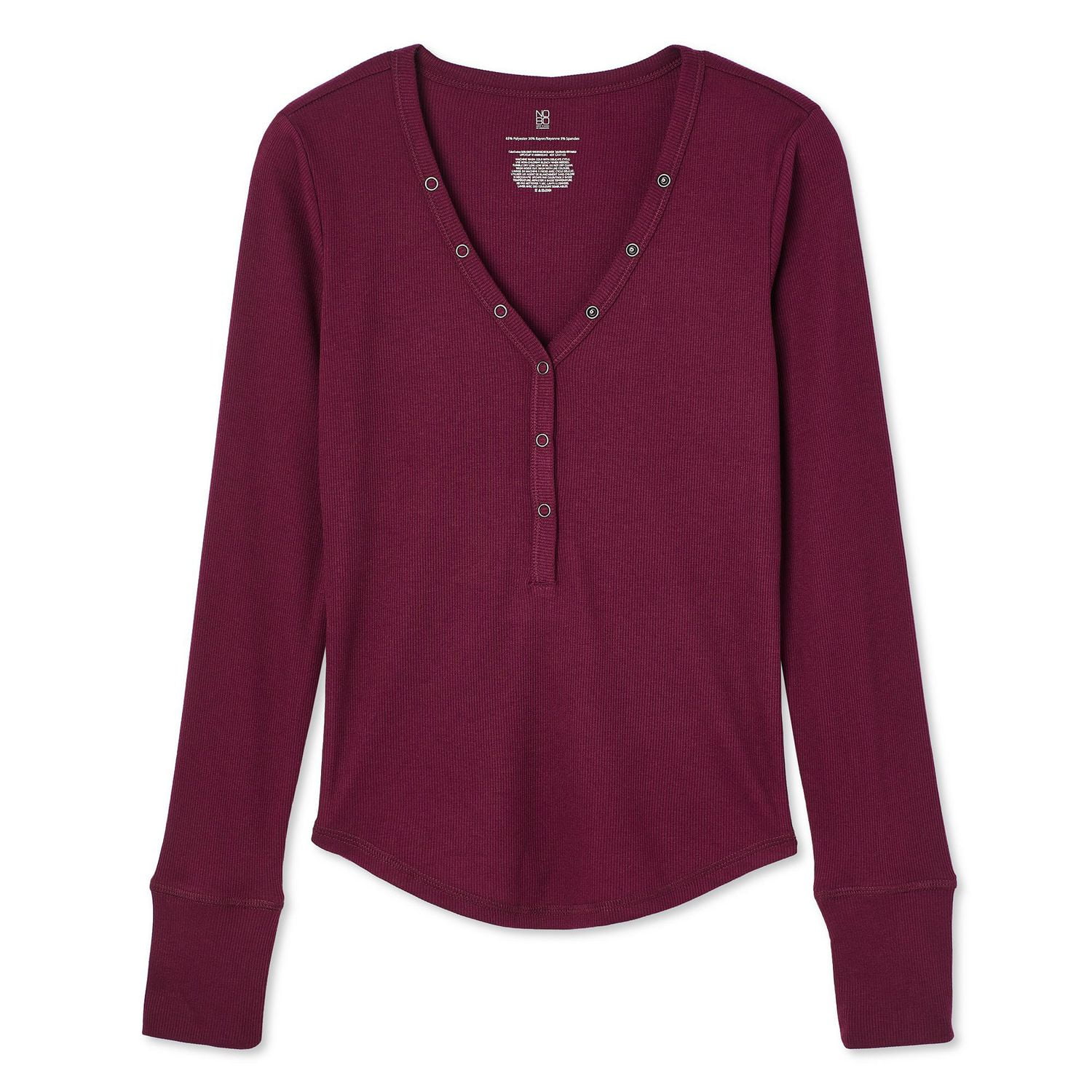 No Boundaries Women's Long Sleeve Henley Top, Sizes XS-XXL