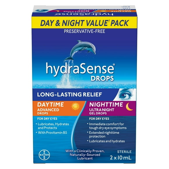 hydraSense Lot de 2 gouttes pour les yeux secs jour et nuit, soulagement rapide et durable, sans conservateur, lubrifiant d'origine naturelle 2 x 10 ml