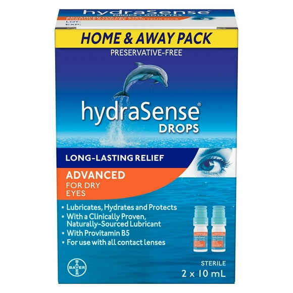 hydraSense – Gouttes oculaires avancées, pour les yeux secs, sans conservateur, lubrifiant d’origine naturelle, avec provitamine B5, lot de 2 2 x 10 ml