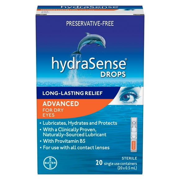 hydraSense gouttes, formule avancée, flacons à usage unique, pour yeux secs, sans conservateur 20 fioles pratiques à usage unique