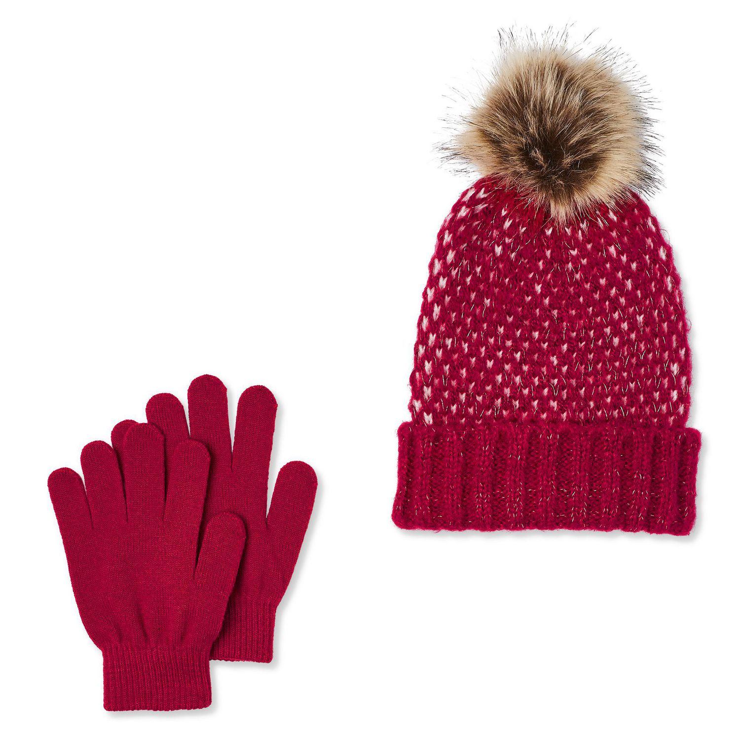 George Women's Cuff Toque with Faux Fur Pompom and Gloves 2-Piece Set ...