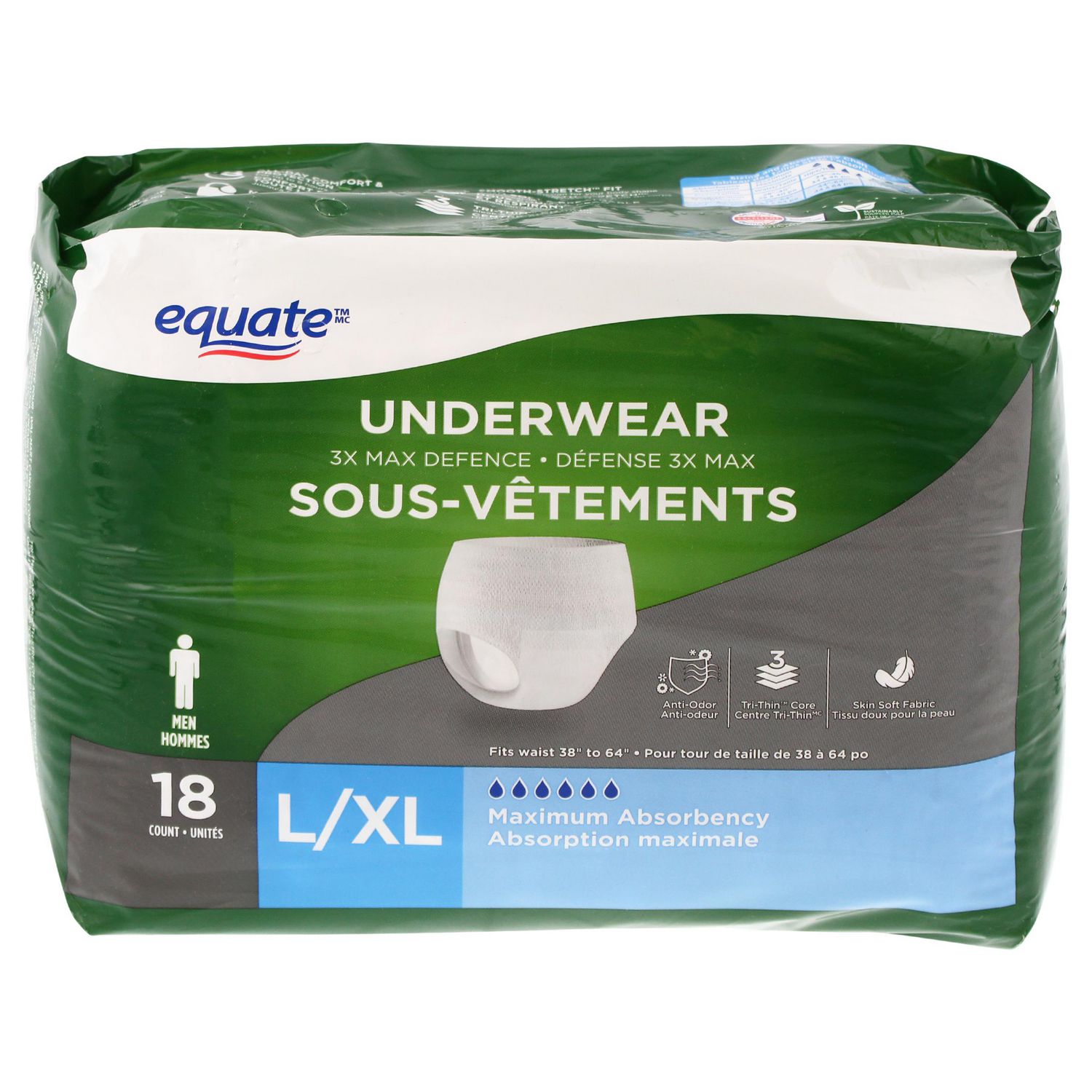 Equate Assurance Mens Underwear MAXIMUM Absorbency Large/XL, 18 Count (1  Pack)