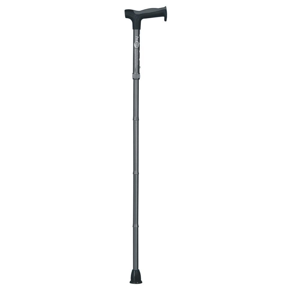 Hugo Smoke Adjustable Folding Cane with Reflective Strap centered front view of a smoke anodized folding aluminum cane with ergonomic cushion-top shock-absorbing handle and reflective wrist strap, six push-button height settings supporting up to 250 lbs for users between 5' - 6'.5", Ultra-Grip tip, secure storage strap and black carrying pouch.