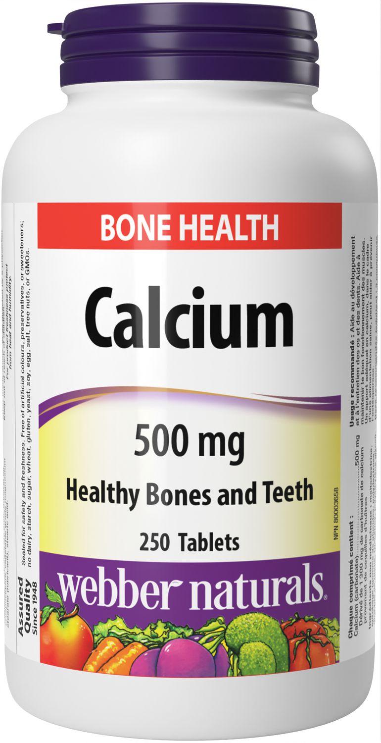 Webber Naturals® Calcium 500 Mg calcium carbonate 250 tablets, front-facing bottle with white label and blue-green accents showing brand name and supplement facts; supplement for bone health and maintenance, often used as a daily dietary calcium support.