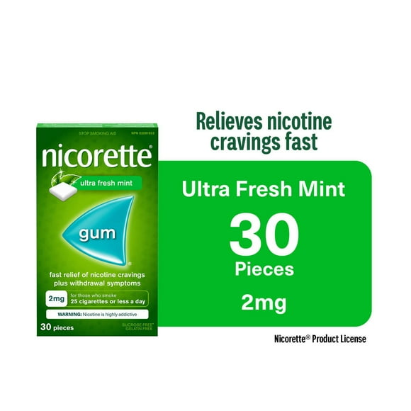 Nicorette Gum, Nicotine 2mg, Ultra Fresh Mint Flavour, Quit Smoking Aid and Smoking Cessation Aid, 30 pieces