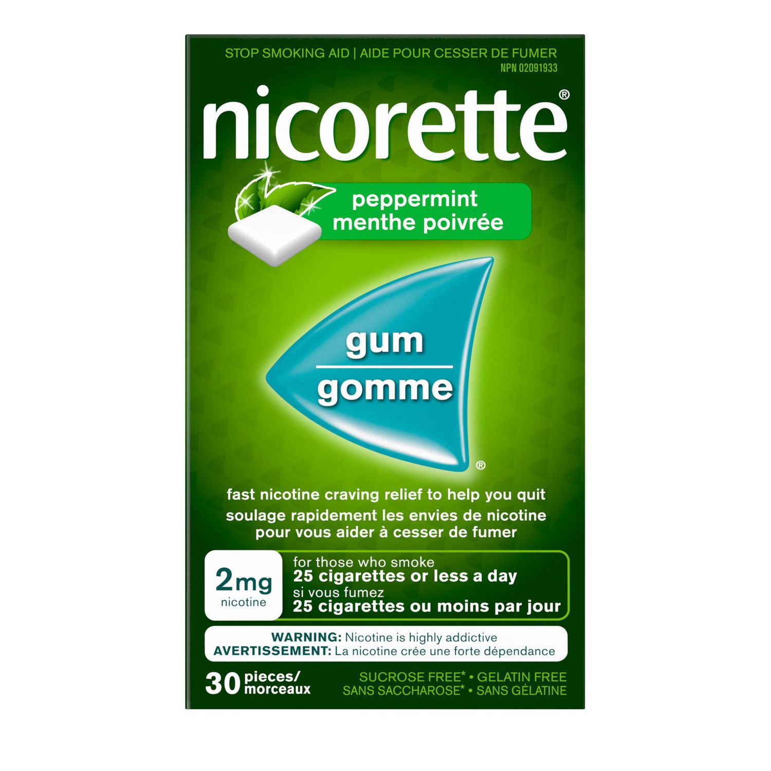 Nicorette Peppermint Gum, 2 mg, Quit Smoking, Nicotine Gum, Smoking Cessation Aid, NRT, Reduce Cravings, 30 pieces
