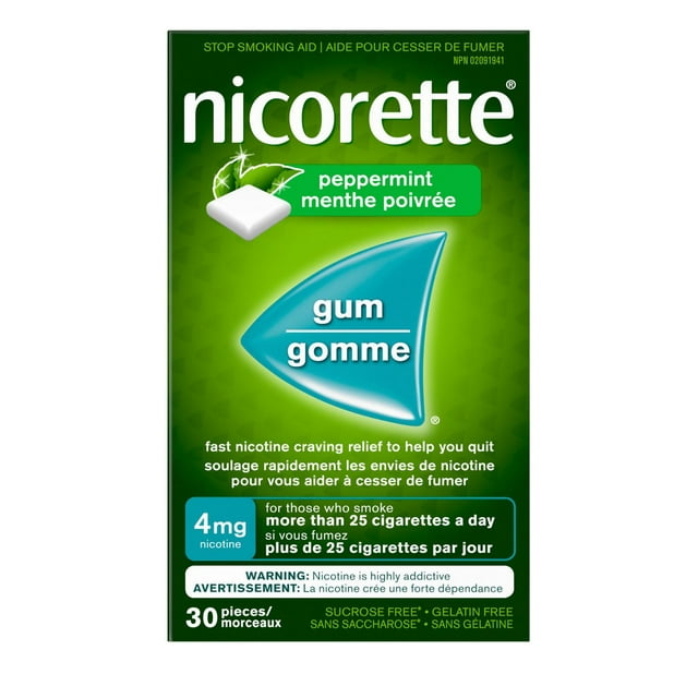 Gomme Nicorette Menthe Poivrée, 4 mg, Renoncement au tabac, Gomme de nicotine, Aide pour cesser de fumer, TRN, Réduire les envies de fumer, 30 unités