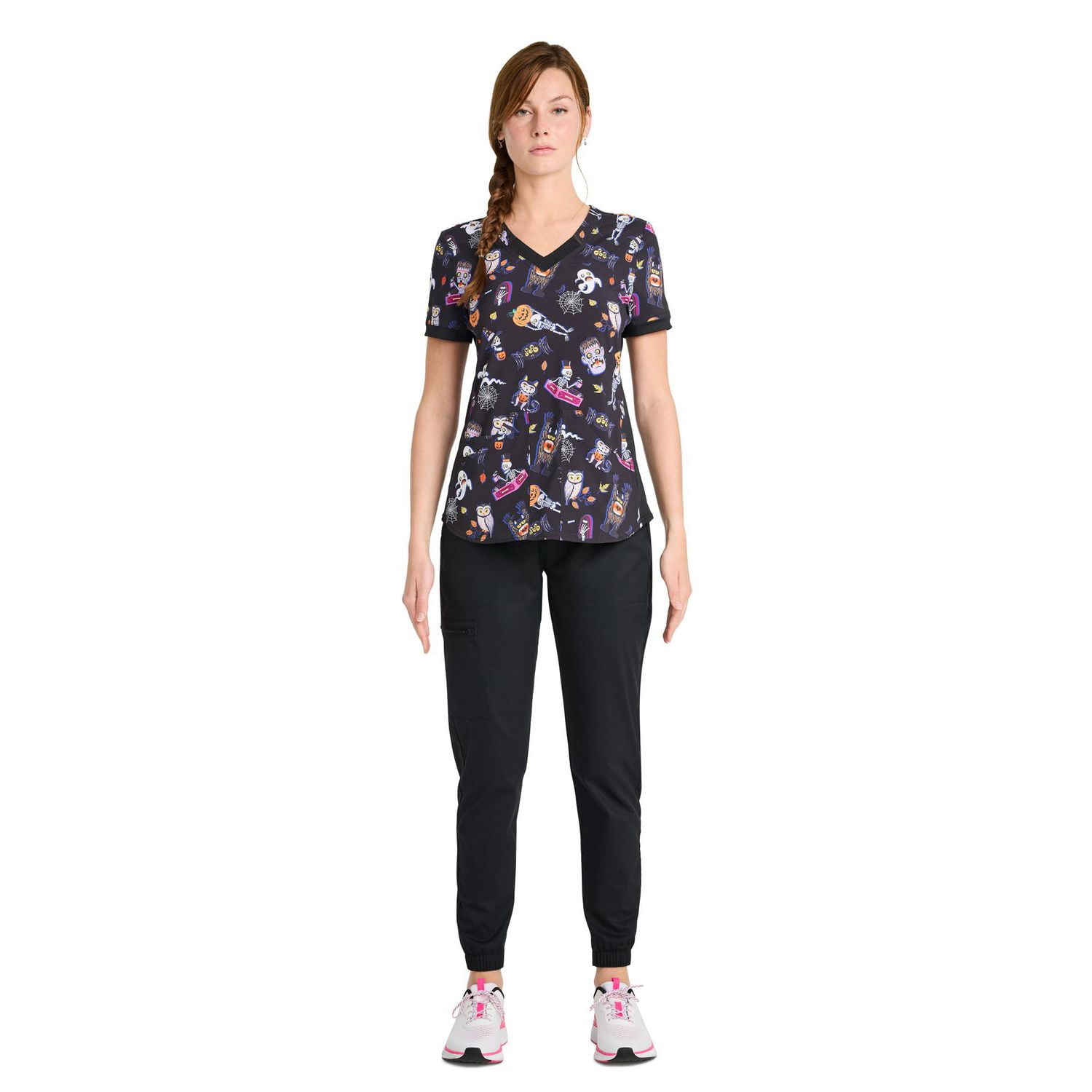 Haut d'uniforme à encolure en V imprimé Scrubstar Freaky Funtime pour femmes