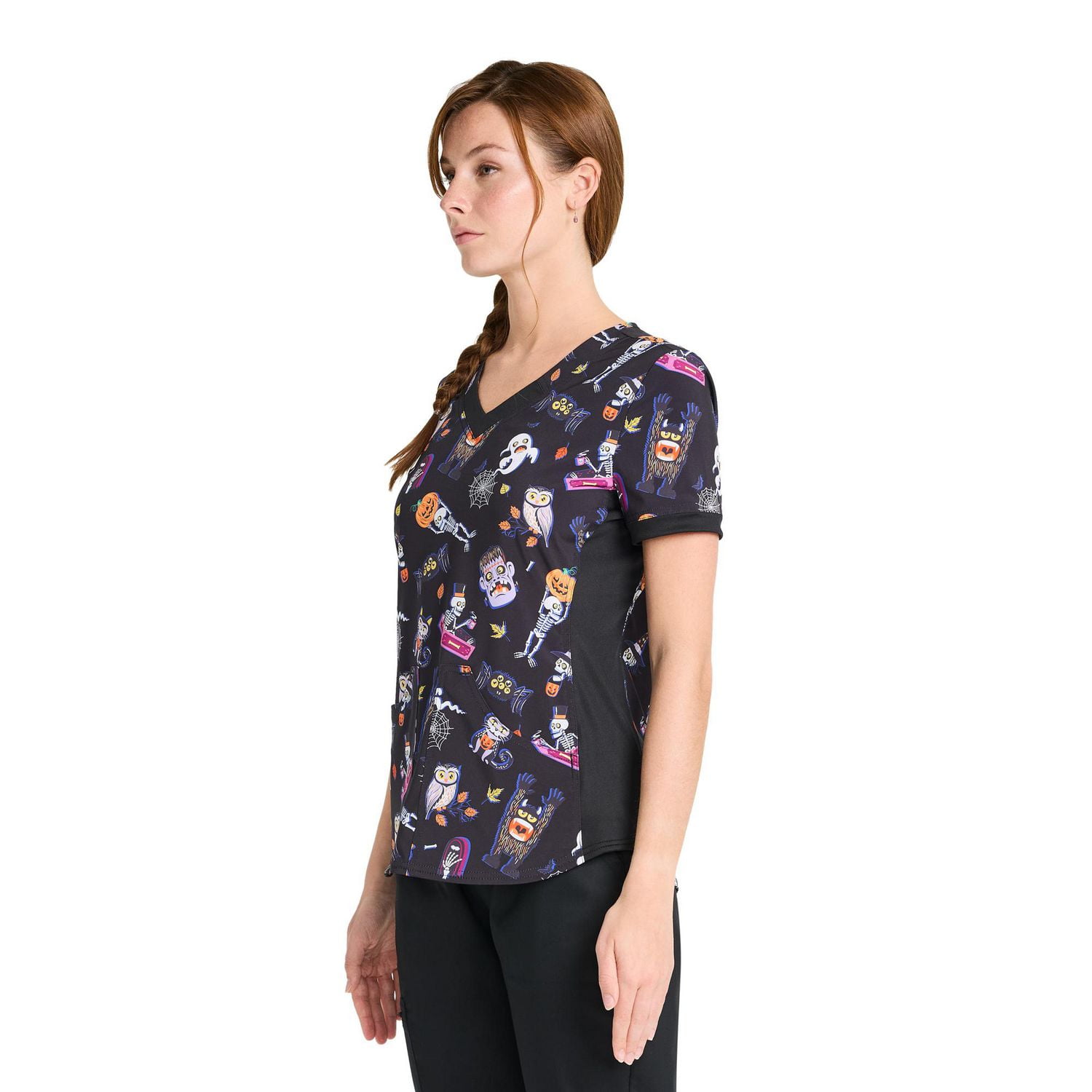 Haut d'uniforme à encolure en V imprimé Scrubstar Freaky Funtime pour femmes