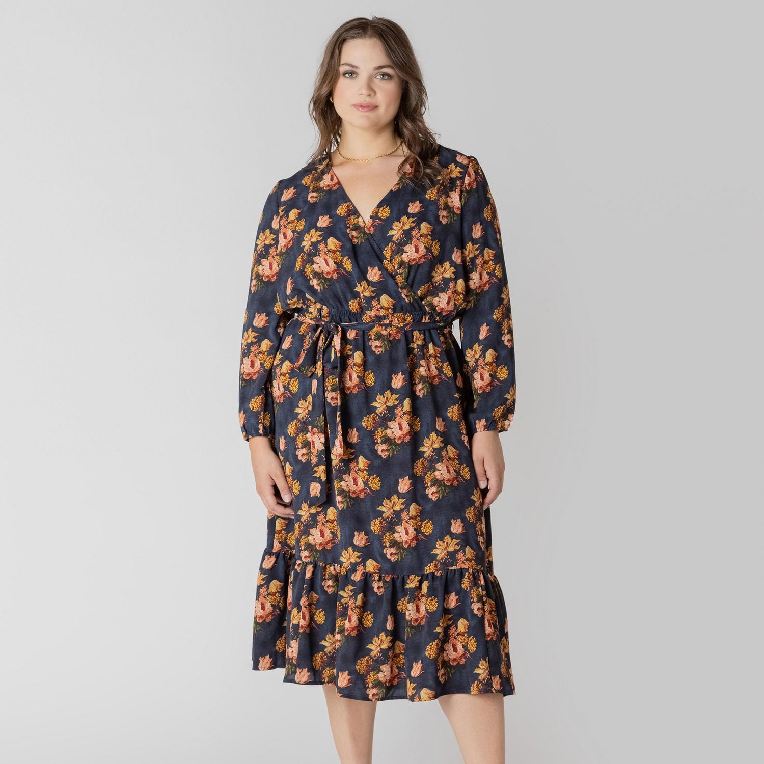Devoted Women's Plus Long sleeve midi dress with feminine floral print
