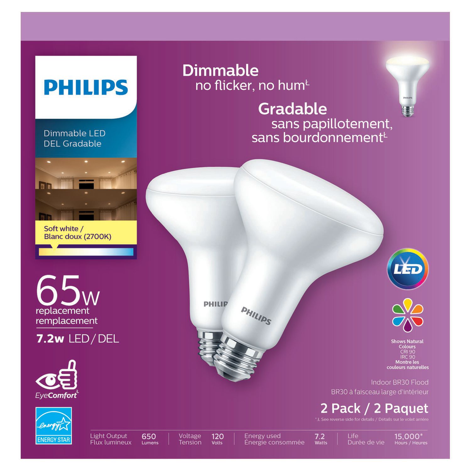 2 PACK Philips 75-Watt Equiv  w/ Warm Glow Effect Energy Saving LED Light Bulb 