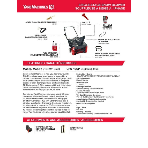 Yard Machines 21 Single-Stage Gas Powered Snow Blower with 123cc Powermore  Engine