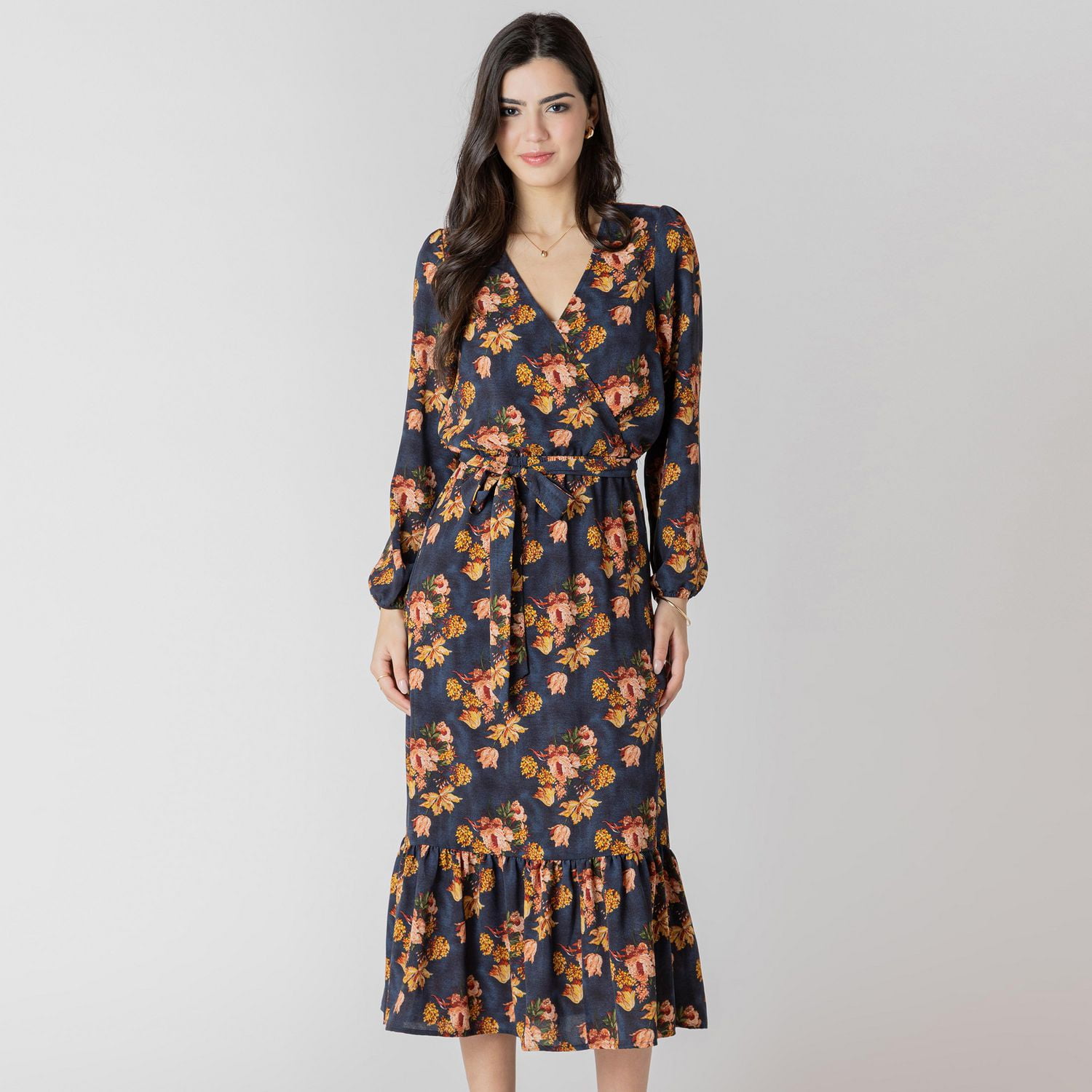 Devoted Long sleeve midi dress with feminine floral print