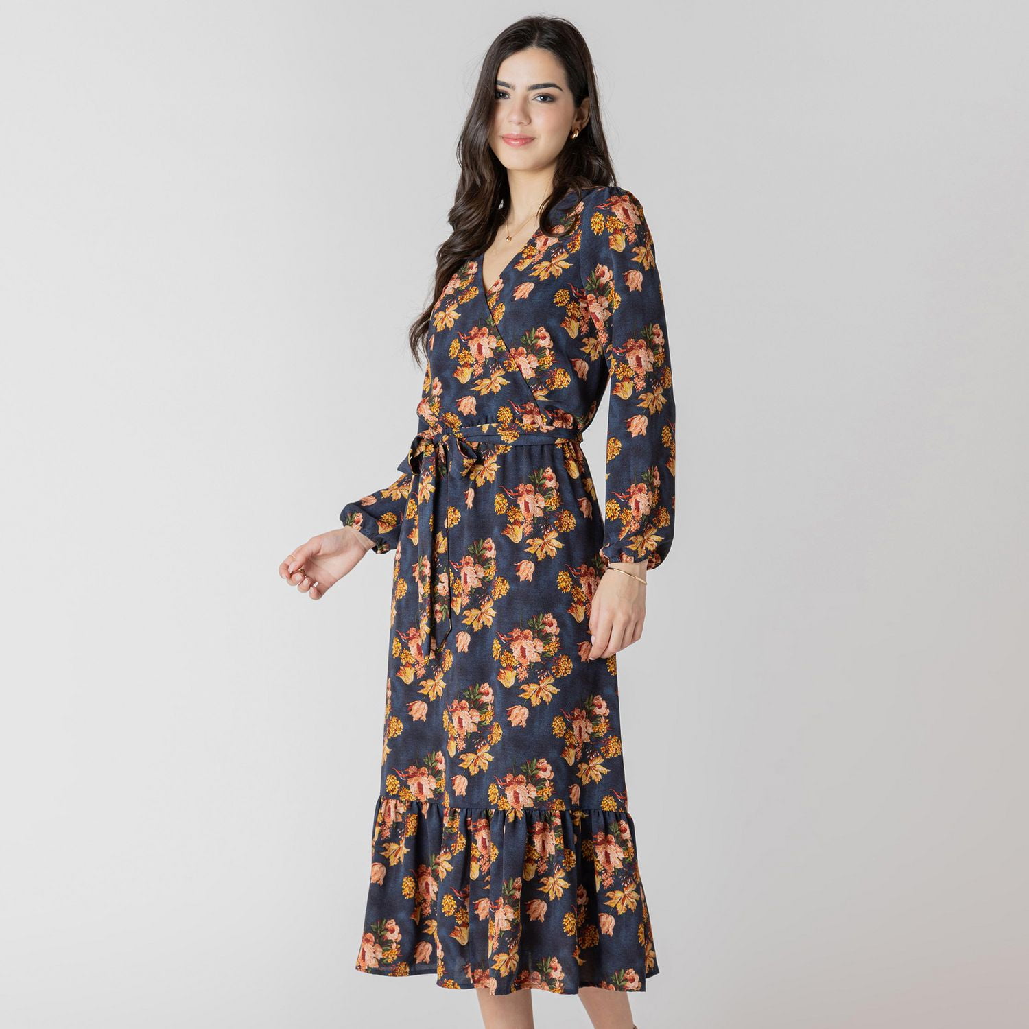Devoted Long sleeve midi dress with feminine floral print