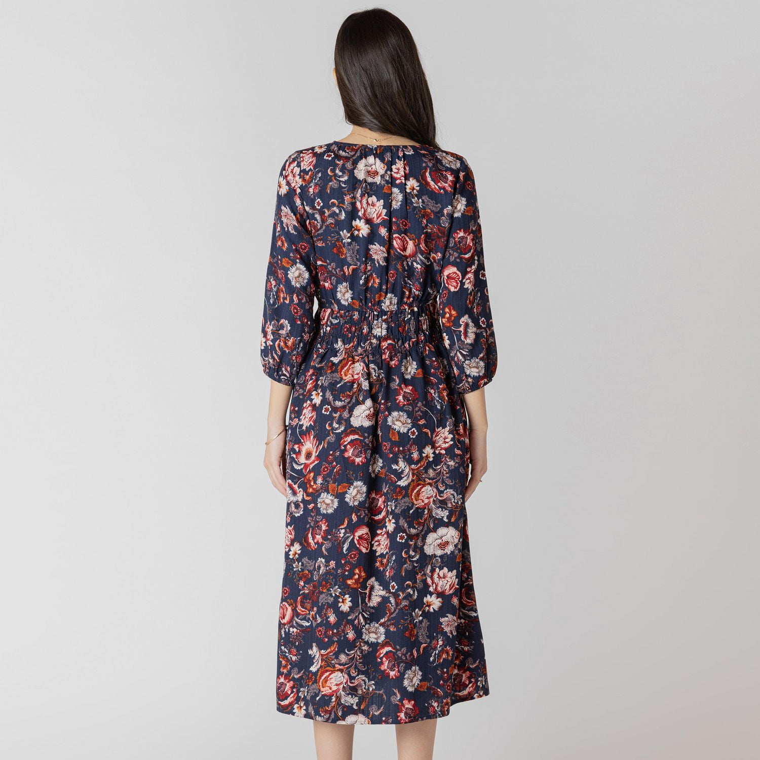 Devoted Floral midi dress with three quarter length sleeves