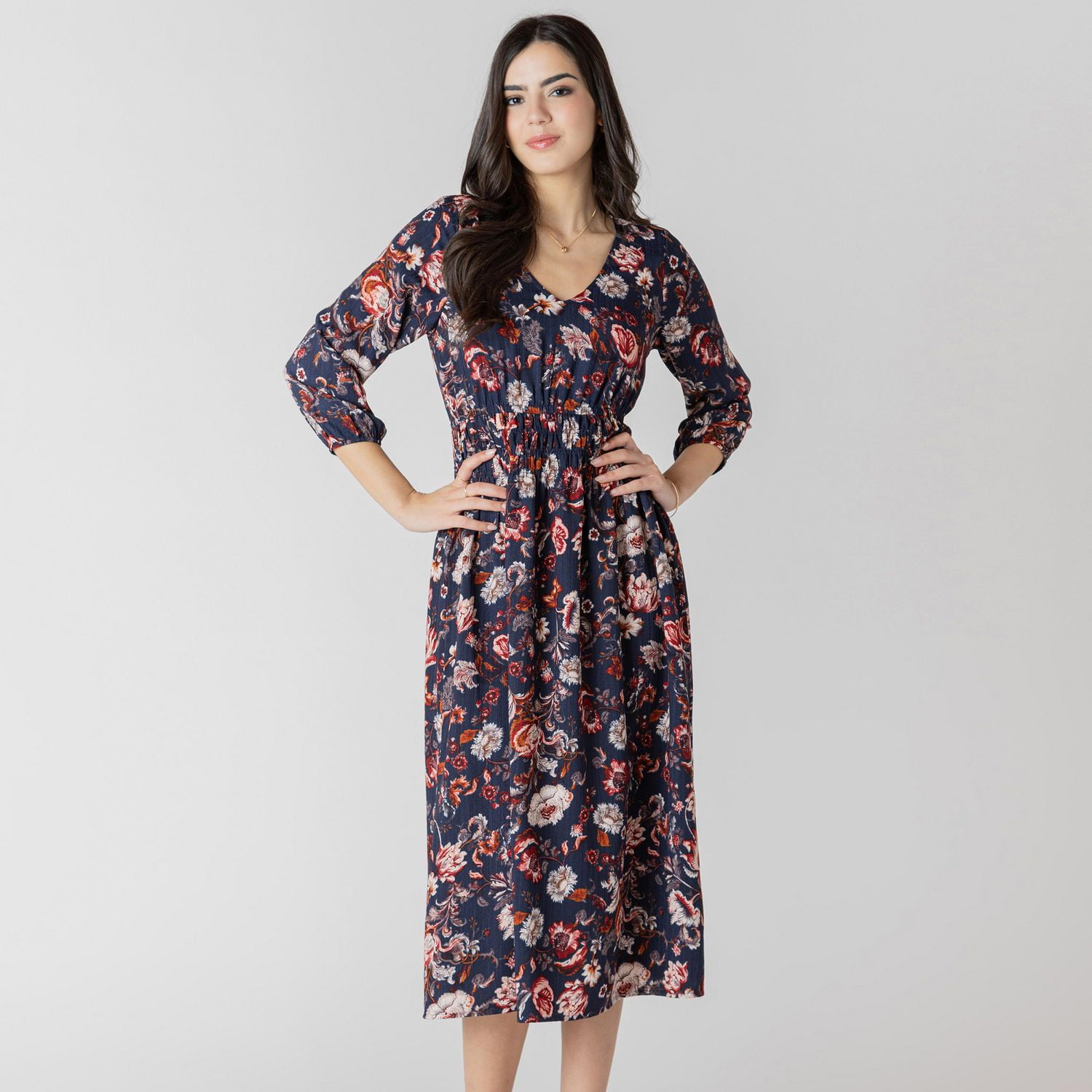 Devoted Floral midi dress with three quarter length sleeves
