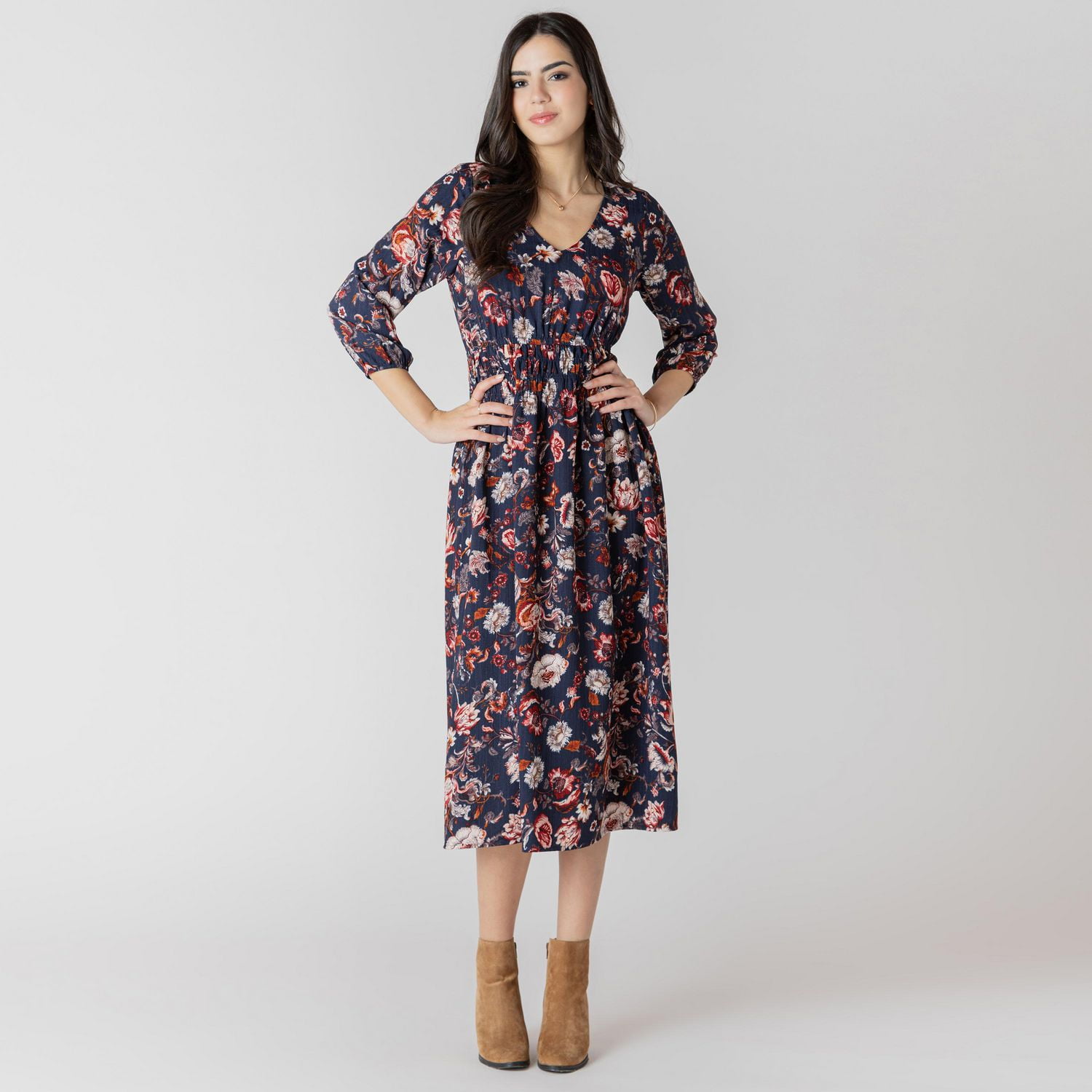Devoted Floral midi dress with three quarter length sleeves