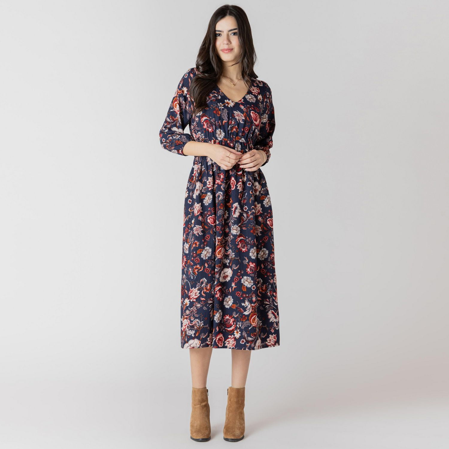 Devoted Floral midi dress with three quarter length sleeves
