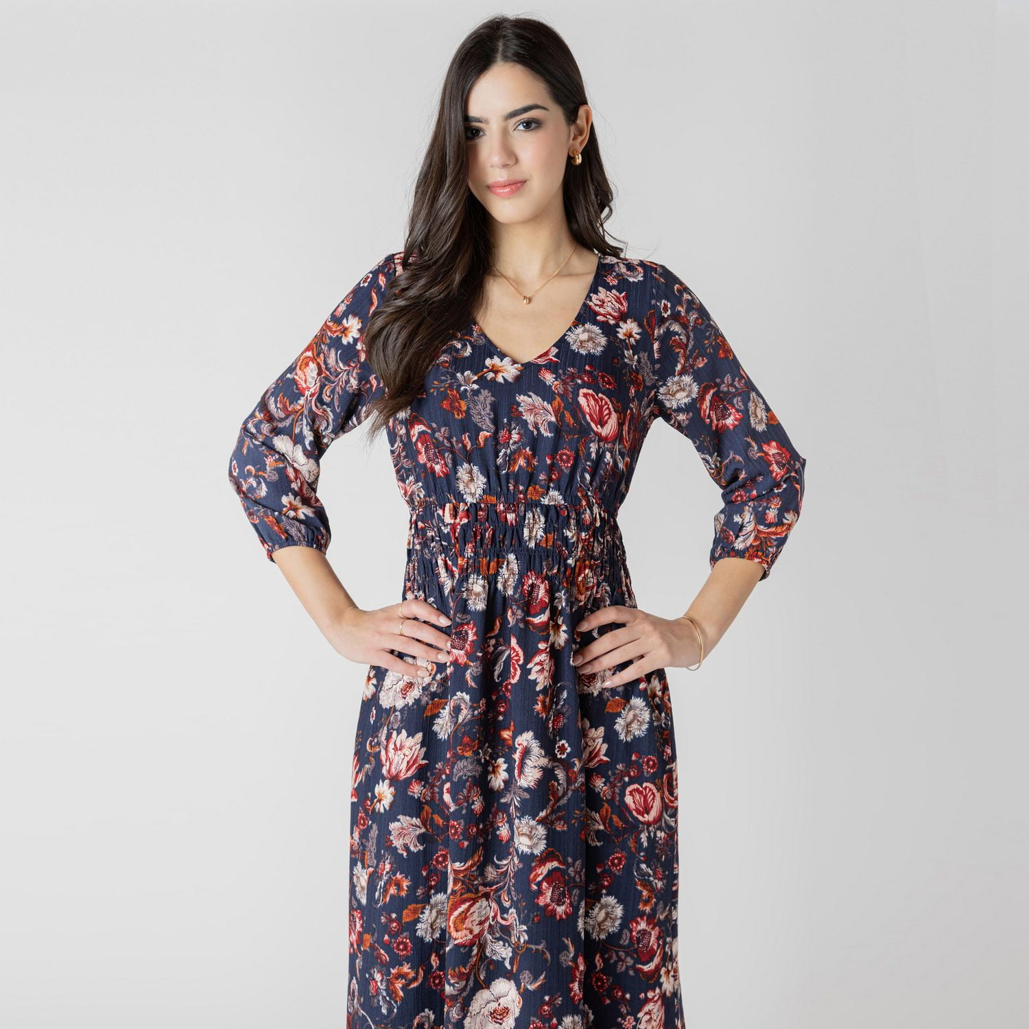 Devoted Floral midi dress with three quarter length sleeves