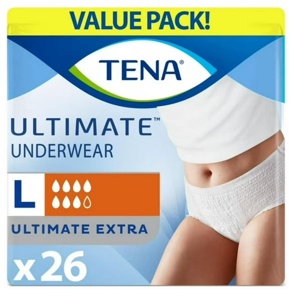 TENA Incontinence Underwear for Women, Postpartum and Bladder Control, Unisex, Ultimate Absorbency, Large, 26 Count, TENA Ultimate Underwear is designed to protect against heavy urine leakage while remaining comfortable and discreet.