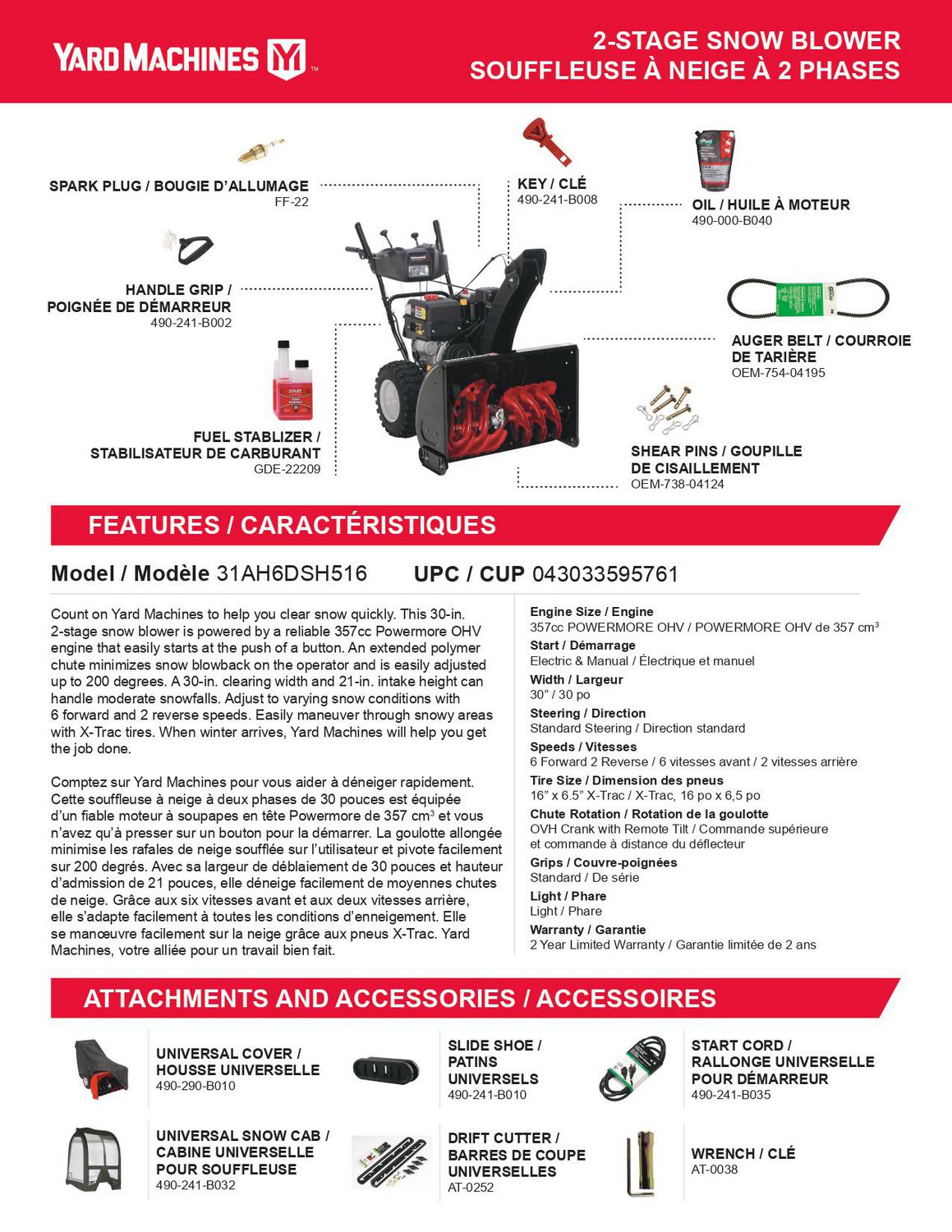 Yard Machines 30 357cc Two Stage Snow Blower