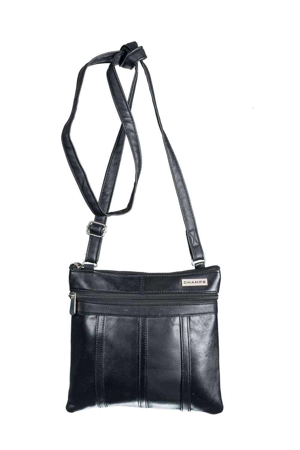 CHAMPS Champs Triple Zip Crossbody Black Leather Tote Bag 1027