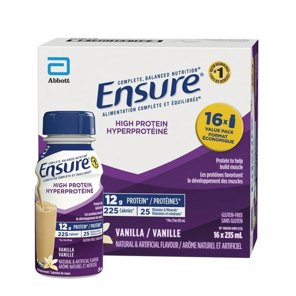 Ensure High Protein 12 g, Meal Replacement Shakes Value Pack, Protein Shakes With Protein To Help Build Muscle, Vanilla, 16 x 235-mL Bottles, 16 x 235 ml Value Pack