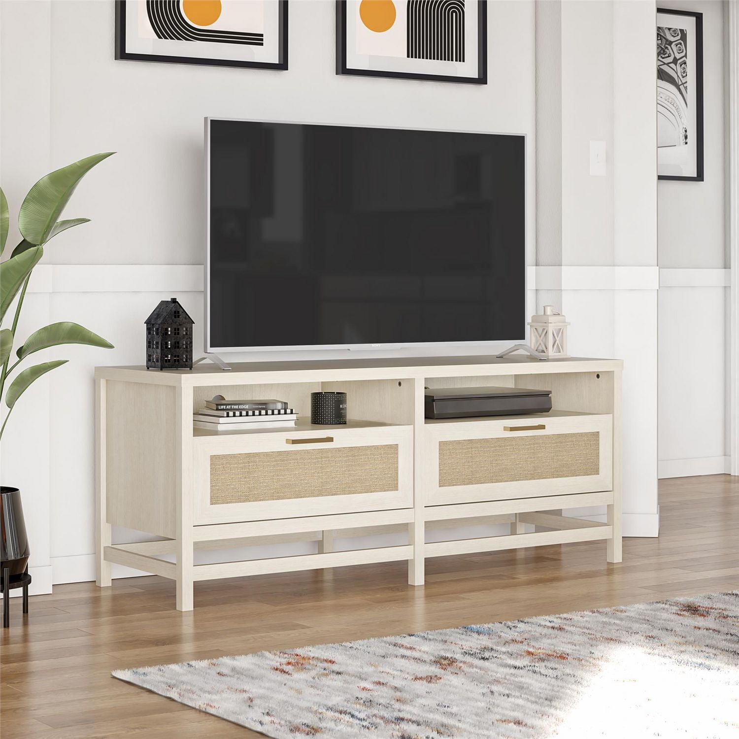 Ameriwood Home Lennon TV Stand for TVs up to 60 in Ivory Oak and Faux Rattan