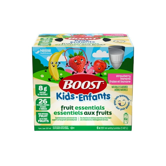 Boost Kids Fruit Essentials Strawberry Banana, Nutritional Supplement For Children 4–12, Real Fruit Purées, 8G Protein, 26 Vitamins & Minerals, Immune Support, Gluten-Free, Kosher, 1.4 L