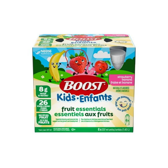 Boost Kids Fruit Essentials Strawberry Banana, Nutritional Supplement For Children 4–12, Real Fruit Purées Protein, 26 Vitamins & Minerals, Immune Support, Gluten-Free, Kosher