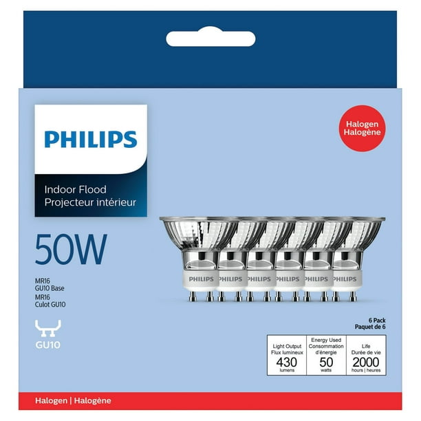 PHILIPS 50W MR16 GU10 Base Halogen Light Bulbs - 6 Pack, 430 lumens