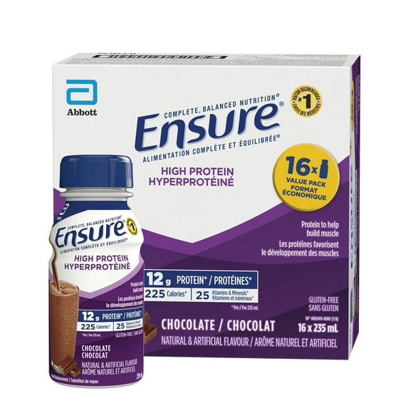 Ensure High Protein 12 g, Meal Replacement Shakes Value Pack, Protein Shakes With Protein To Help Build Muscle, Chocolate, 16 x 235-mL Bottles, 16 x 235 ml Value Pack