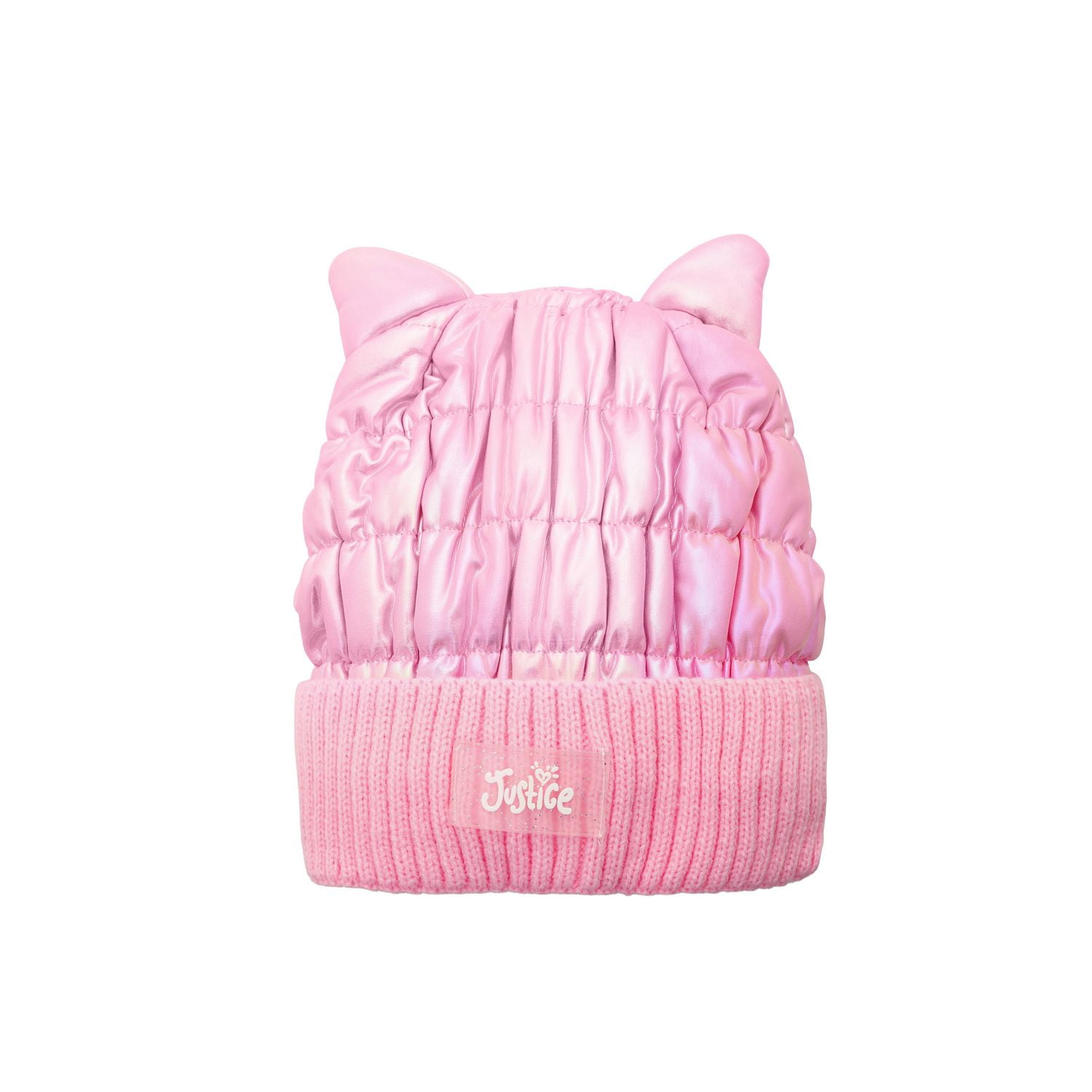 Justice winter hat with pink iridescent material