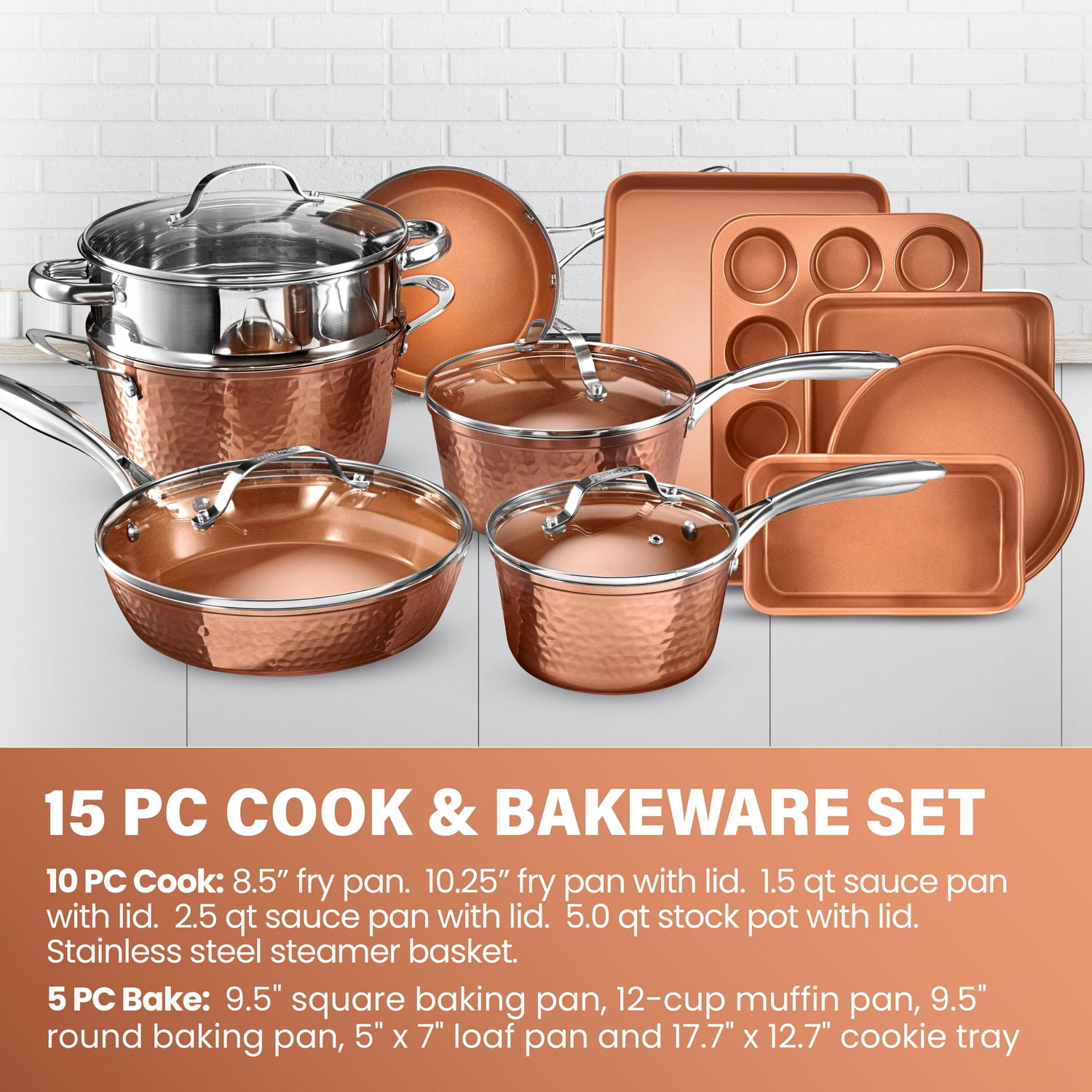 Gotham Steel Hammered Copper Collection – 15 Piece Premium Cookware &  Bakeware Set with Nonstick Coating, Aluminum Composition– Includes Fry  Pans, Stock Pots, Bakeware Set & More, Dishwasher Safe 
