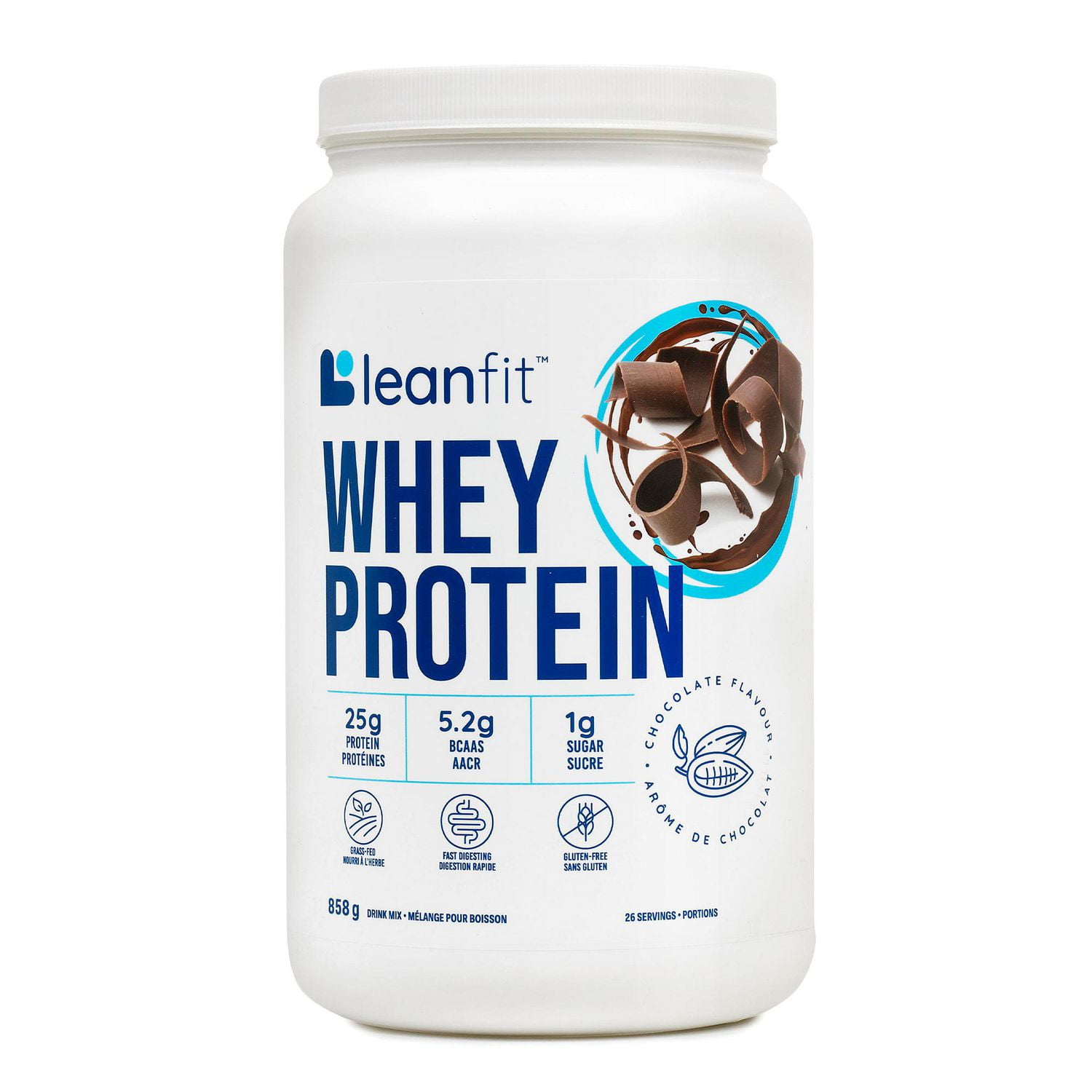 LEANFIT LEANFIT WHEY PROTEIN™ Chocolate 858g - 100% Whey Protein Powder, 25g Protein Per Serving, Grass-Fed, Gluten-Free, BCAAs, Complete Amino Acid Profile, Size: 858g Tub (26 Servings)