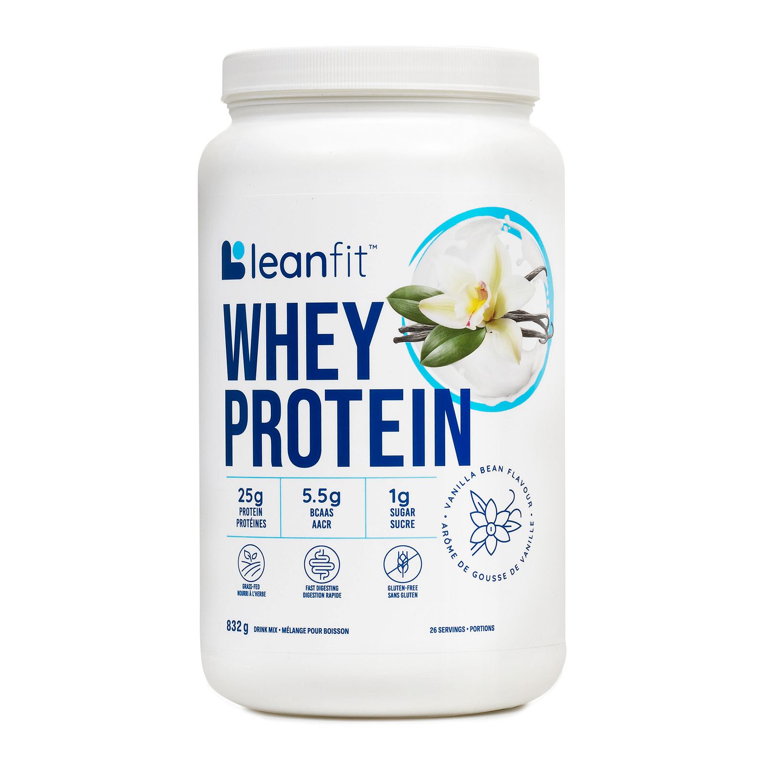 LEANFIT WHEY PROTEIN™ Vanilla 832g - 100% Whey Protein Powder, 25g Protein Per Serving, Grass-Fed, Gluten-Free, BCAAs, Complete Amino Acid Profile