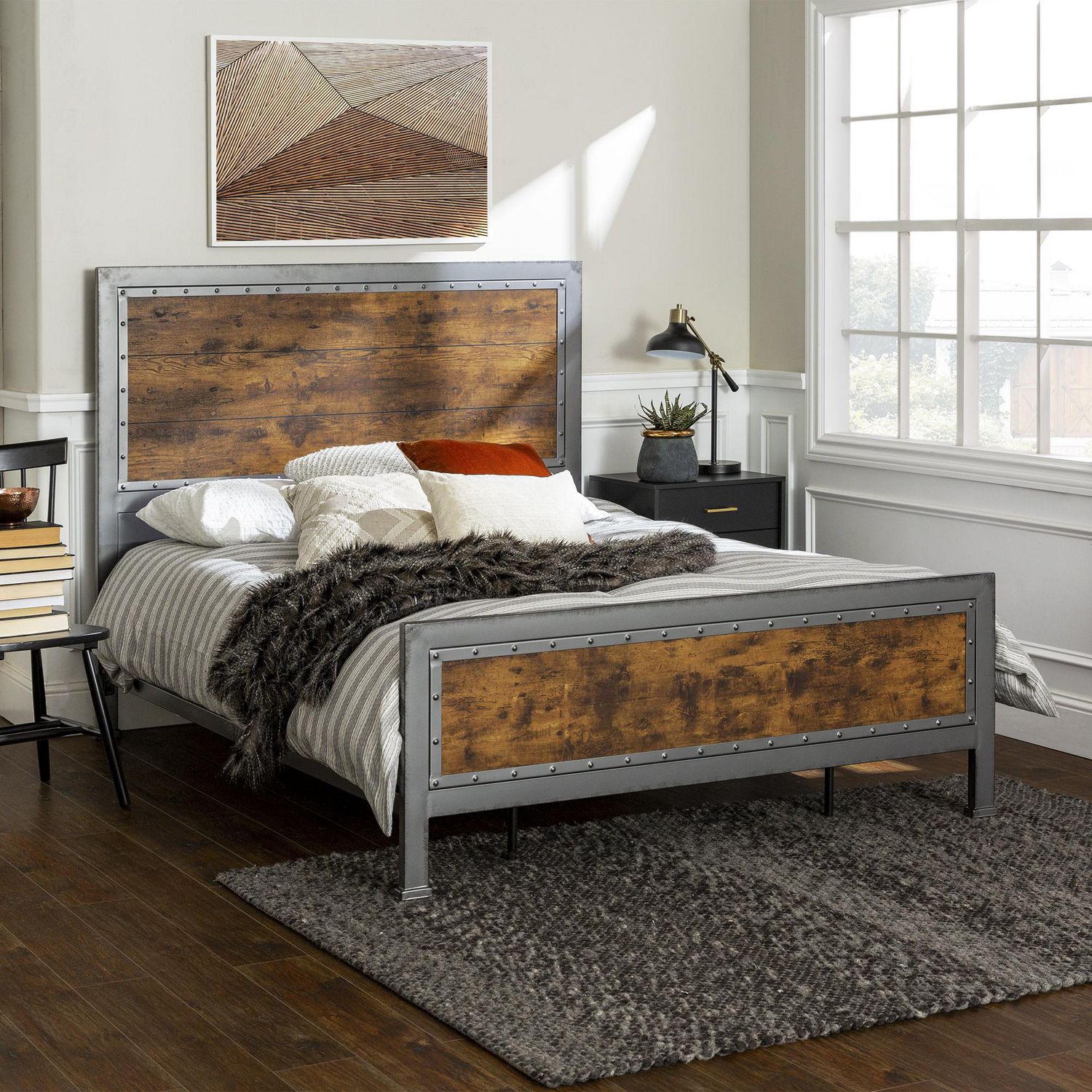 Rustic Industrial Metal Queen Bed Frame, Rustic Wooden Queen Size Bed Frame