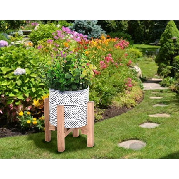 Hometrends Jardinière en métal avec support en bois Blanc Moyen 