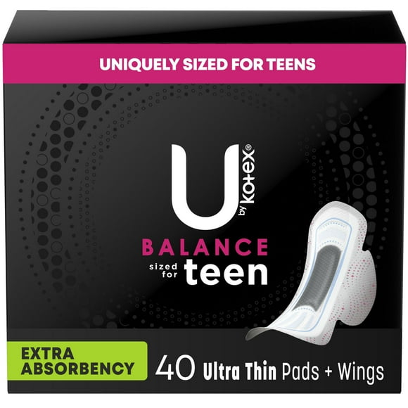 U by Kotex Balance Sized for Teens Ultra Thin Pads with Wings, Extra Absorbency, 40 Count, UBK PAD 40