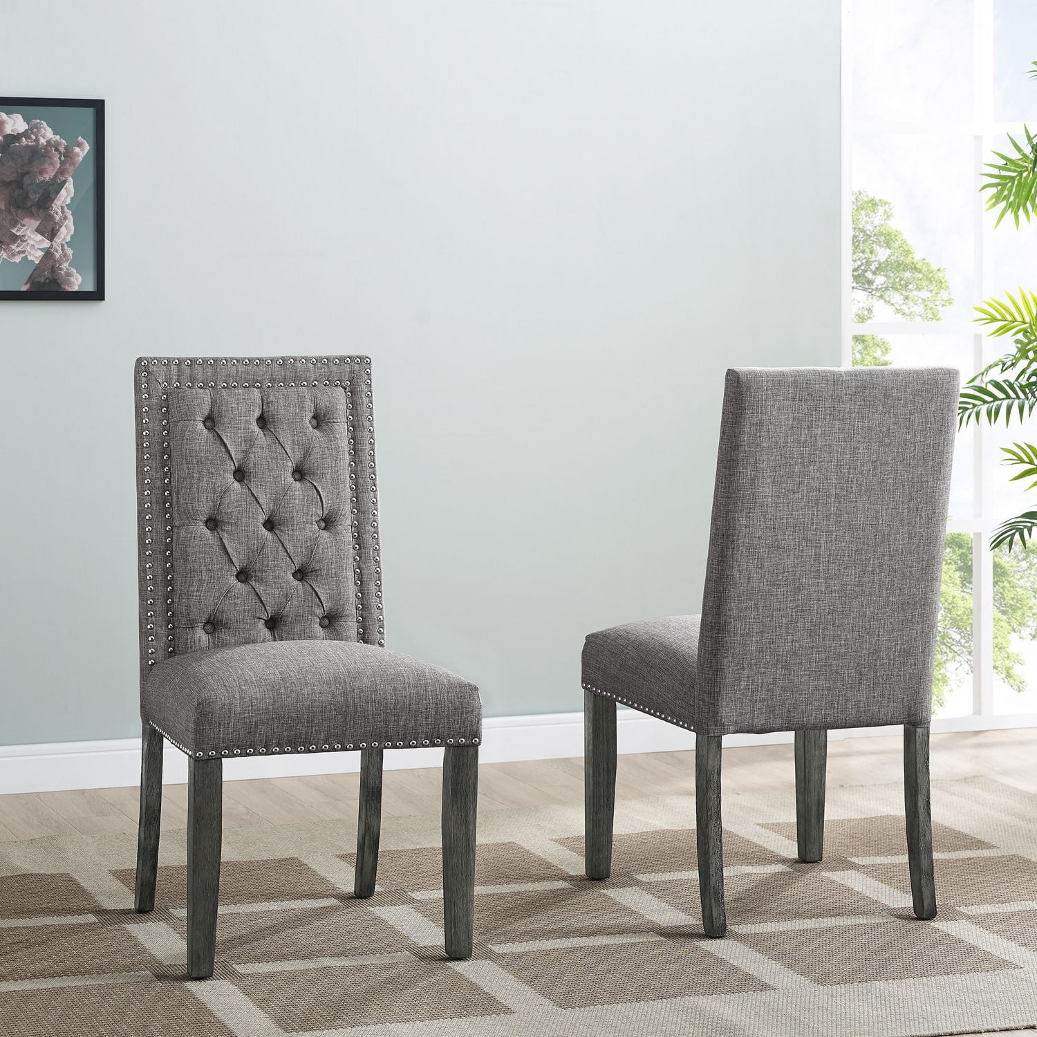 Brooklyn Tufted Dining Chair with NailHead Trim, Set of 2, Light Grey