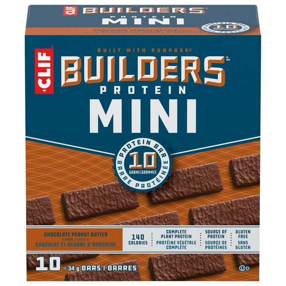 CLIF BUILDERS mini barres protéinées, saveur de chocolat et beurre d'arachide, 10 g de protéines par barre, préparé au canada, sans édulcorants artificiels 340 g