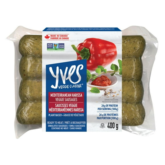 Yves saucisses veggie méditerranéenes harissa 400 g, Végétalien Saucisses