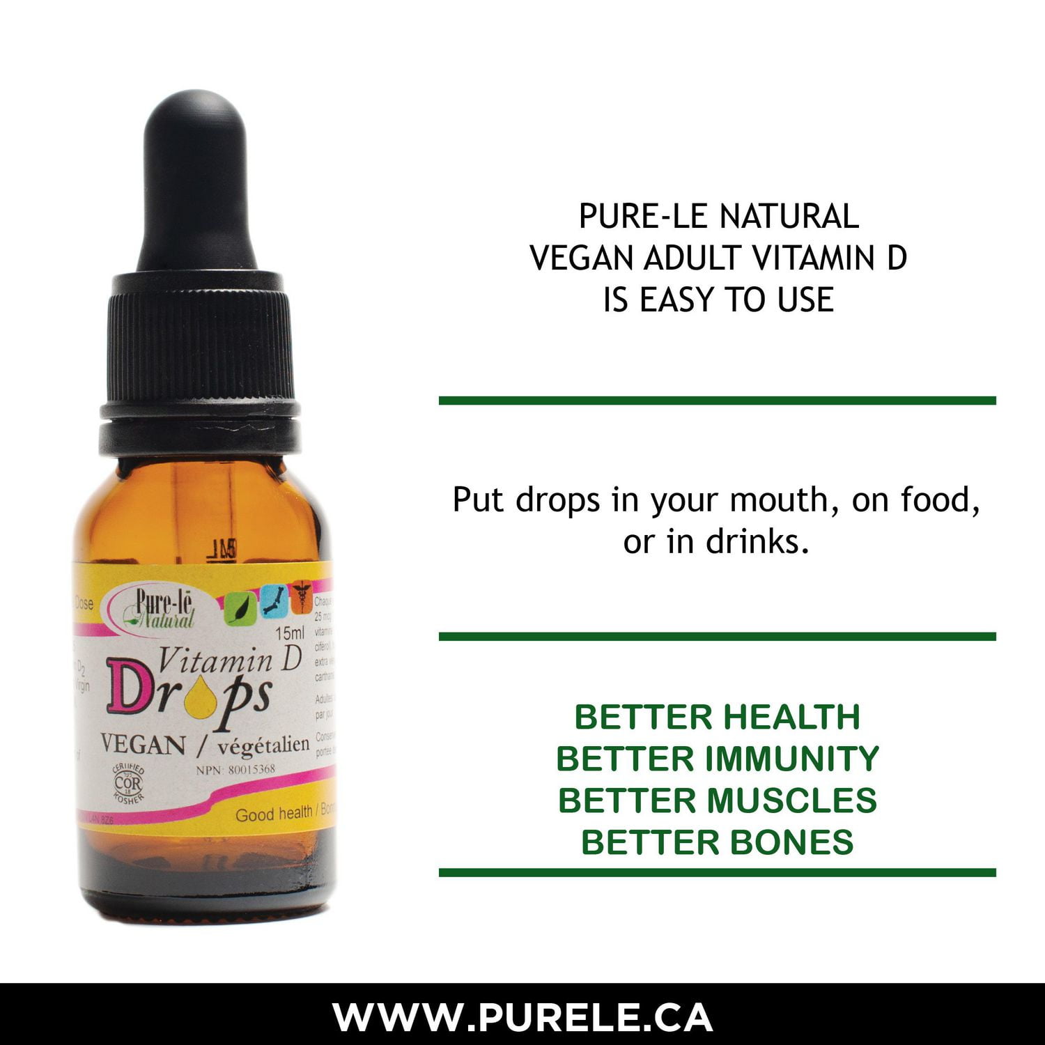 Gouttes de vitamine D2 végétaliennes pour adultes Pure-lē Natural