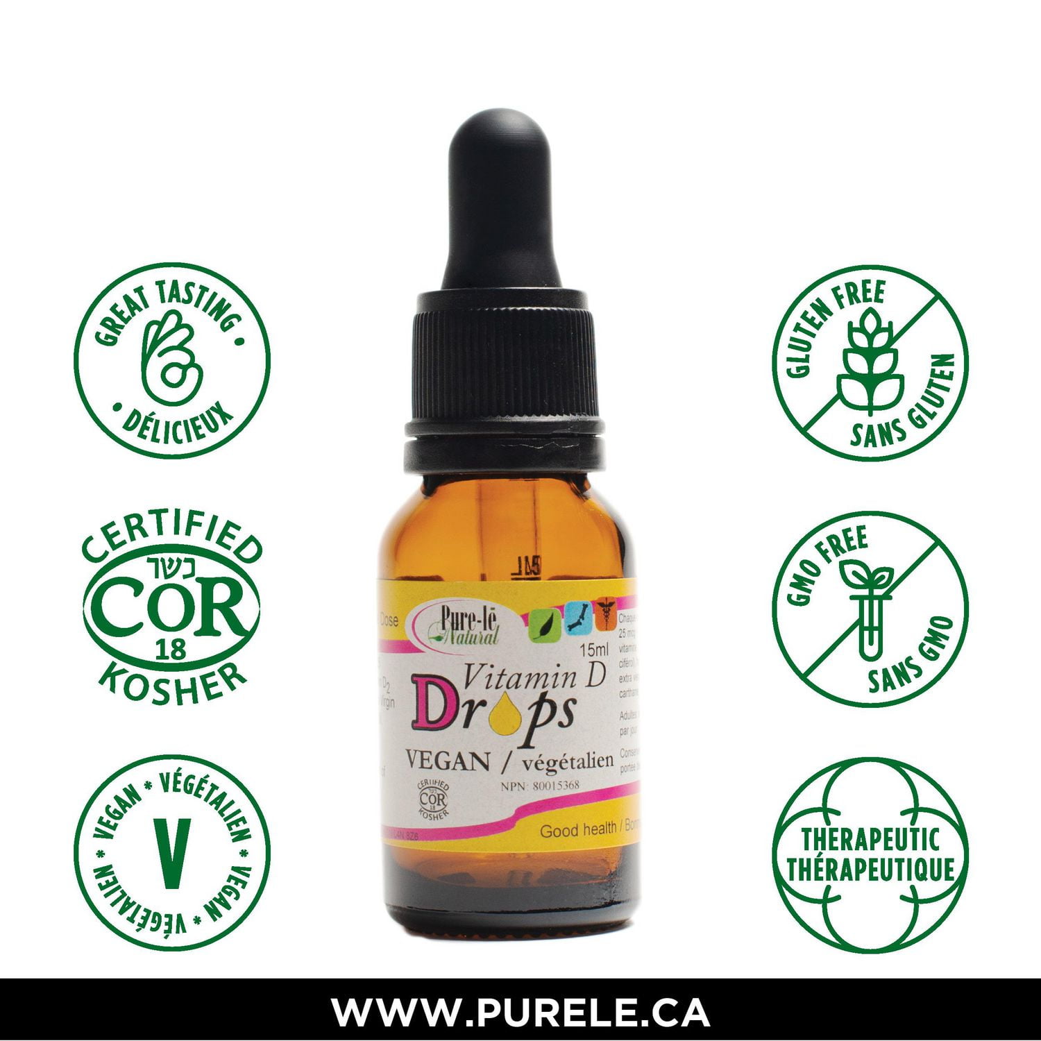 Gouttes de vitamine D2 végétaliennes pour adultes Pure-lē Natural