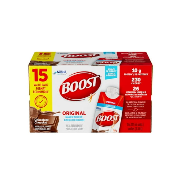 BOOST Original Chocolate Meal Replacement Drink, Source of Energy, Balanced Nutrition, 10g Protein, 230 Calories, 26 Vitamins & Minerals, No Artificial Flavours, 15ct Value Pack, 15x237ml