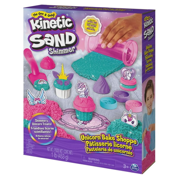 Kinetic Sand Shimmer, Coffret Pâtisserie licorne, 453 g de sable Kinetic  Sand (turquoise scintillant et rose fluo), 8 outils licorne, jouets