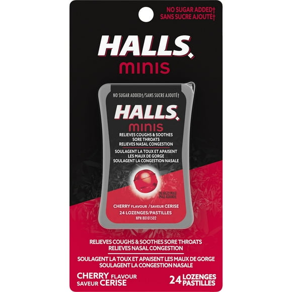 HALLS Minis No Sugar Added, Cherry Flavour Cough Drops, Throat Lozenges, Sore Throat Relief, Mentho-Lyptus, 24 Lozenges