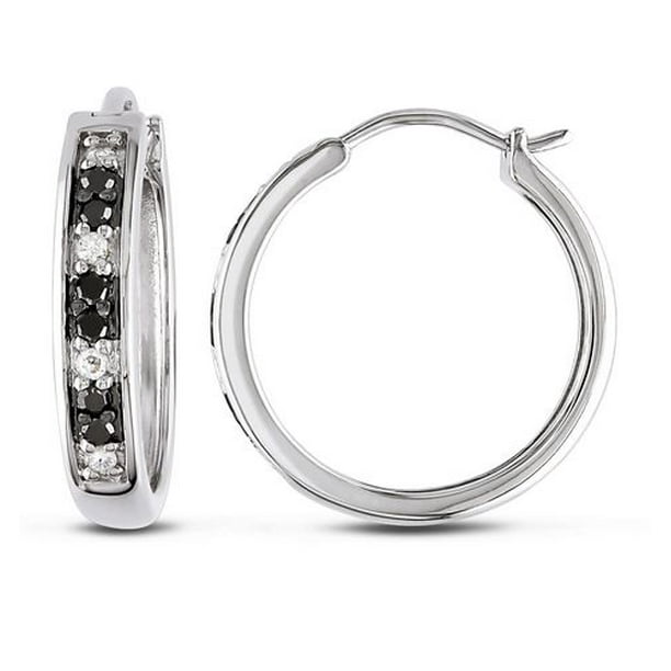 Boucles d'oreilles anneaux Miadora avec 0.30 Carat de diamant noir et blanc en argent sterling